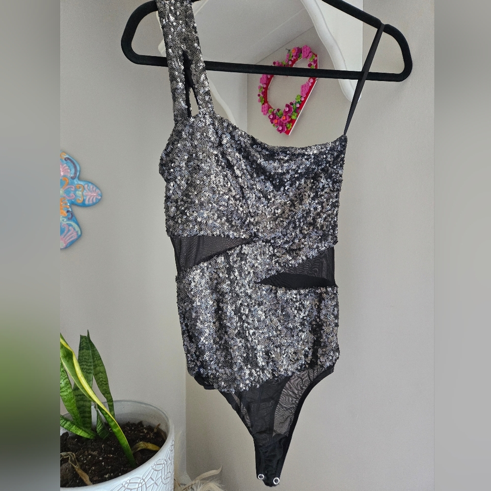 Bebe One-Shoulder Sequin Mesh Bodysuit Y2K Party Top